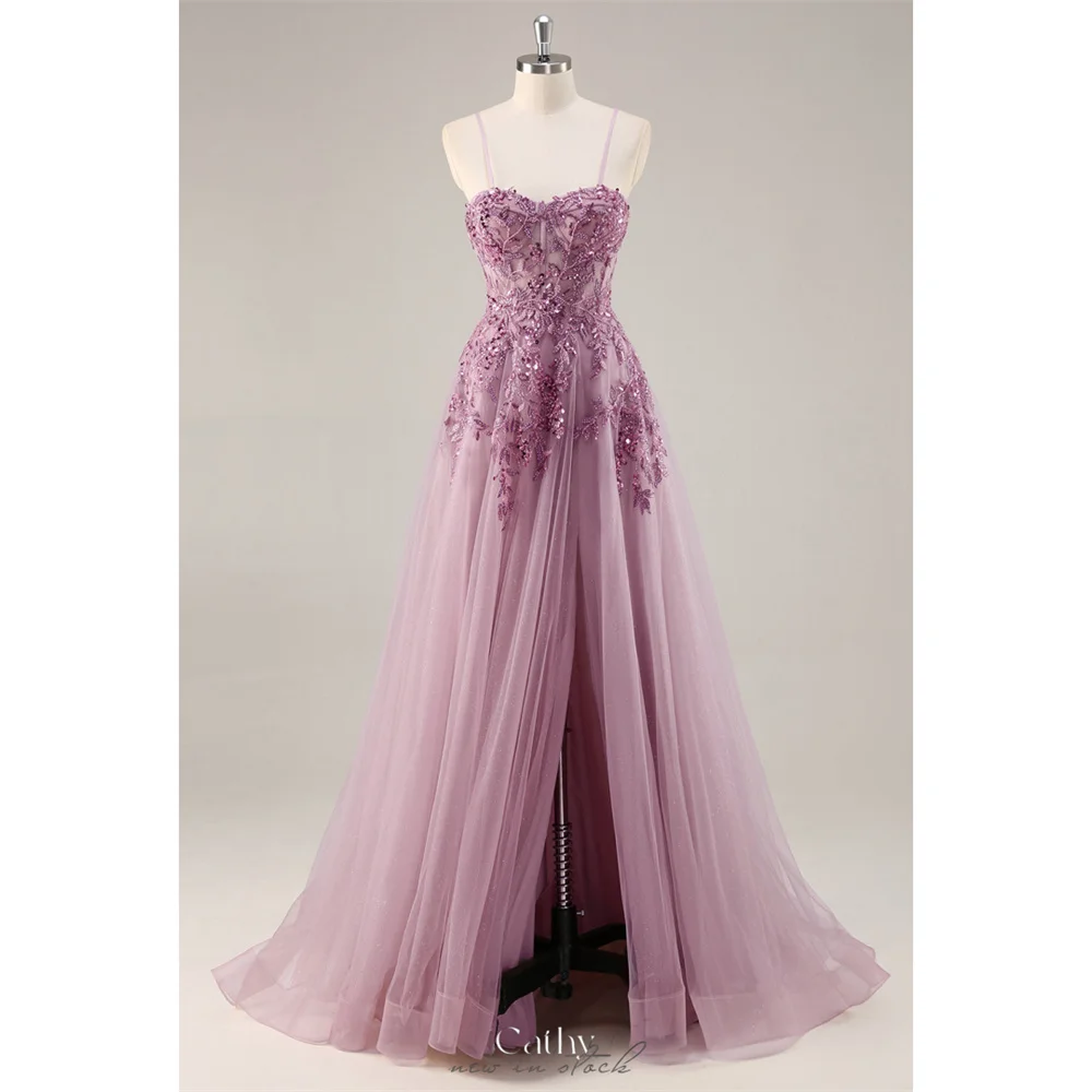 

Cathy Customized Purple A-Line Sequinned Appliques Prom Dress Spaghetti Strap vestidos de noiva Tulle Side Split Formal Evening