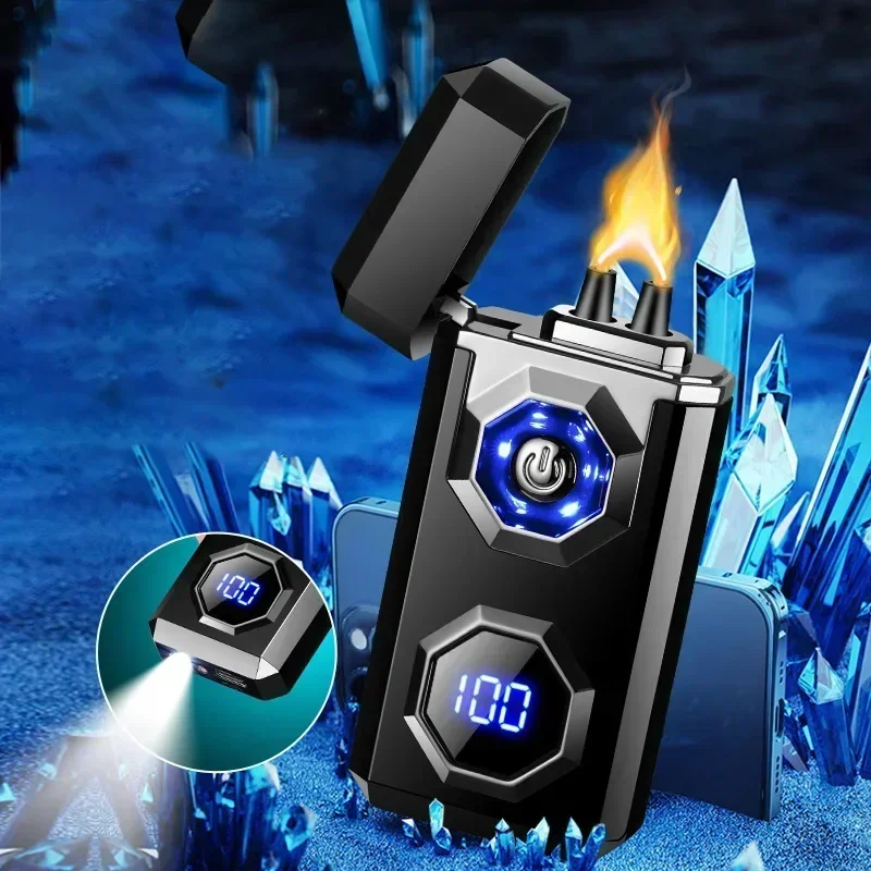 USB Metal Windproof Arc Charging USB Lighter Large Capacity Battery Level Display ElectricSmoking Rechargeable Men's Gadget