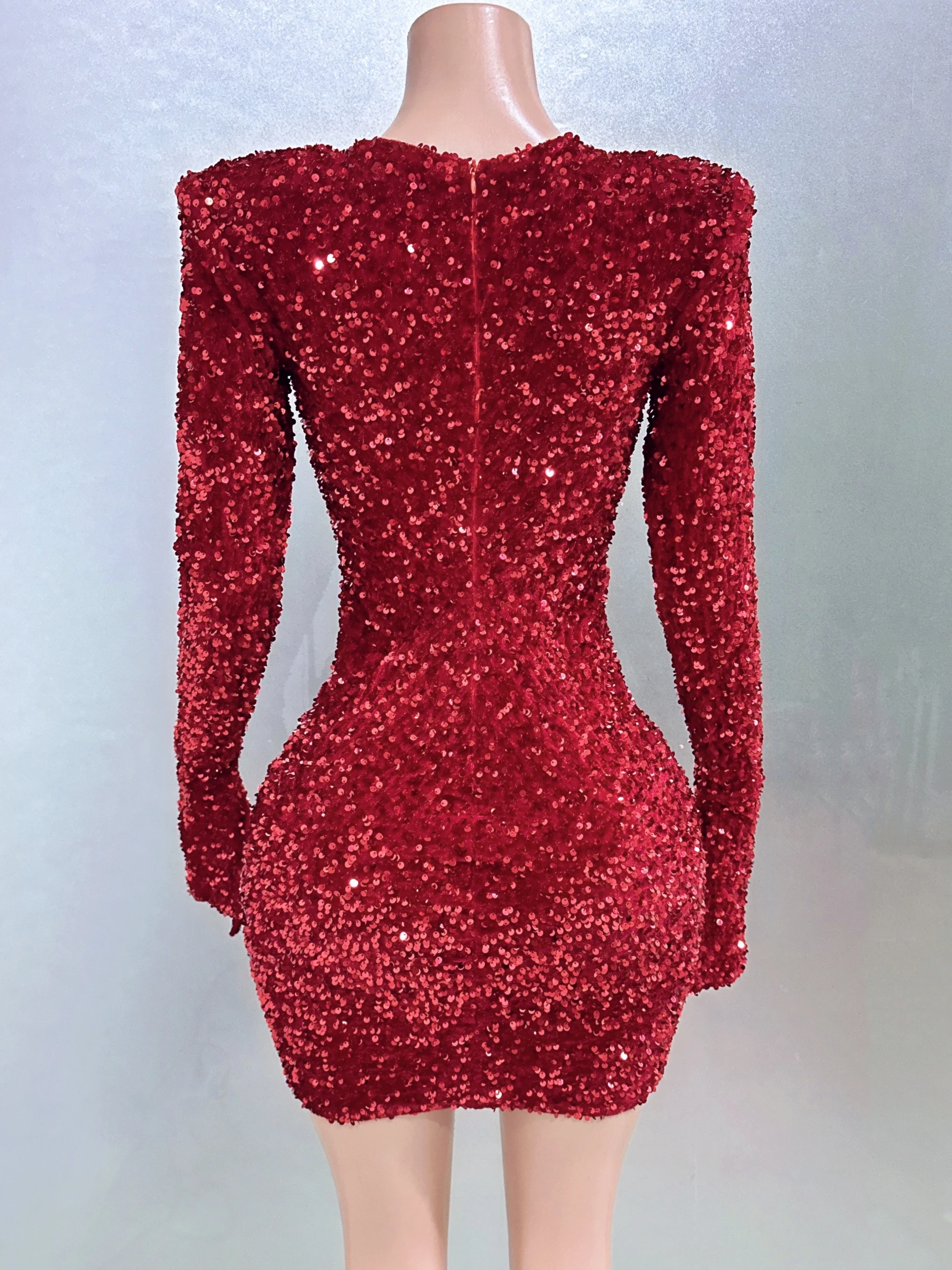 Sexy See Through Sheath Mini Dress Red Sequins Rhinestones Nightclub Performance Custome Stage Wear Birthday Evening Party Dress