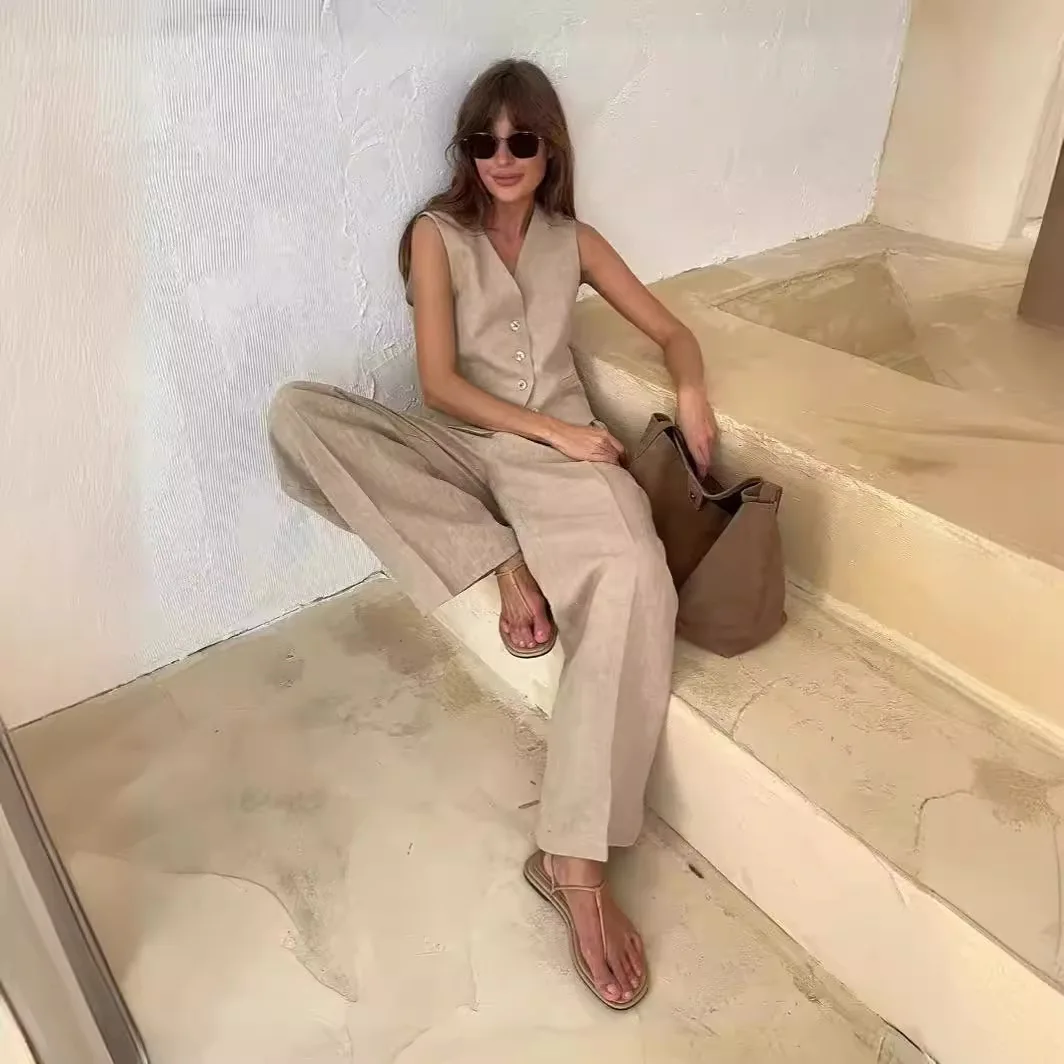 Newest Fashion Women Linen Cotton Chic Vest & Pants Suit Two-Piece Set Office Ladies Summer Chic 2 Piece Sets Women Outfits