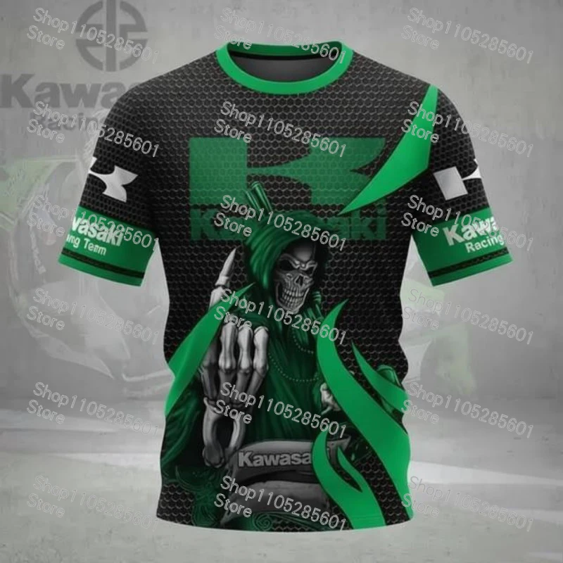 Kawasaki Skull Pattern Casual Short-sleeve T-shirt Motorcycle Racing Culture Print Top Daily Trendy Sportswear