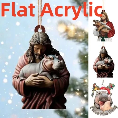 Jesus Love Moo Deng Meme Hippopotamus Ornaments Christmas Acrylic Decorations Cute Hippo Baby Keyrings  pendant Gifts