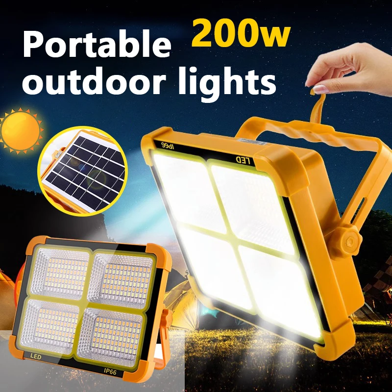 200w Rechargeable Solar Flood Light Outdoor Portable LED Reflector Spotlight Rechargeable Projector Floodlight Construction Lamp