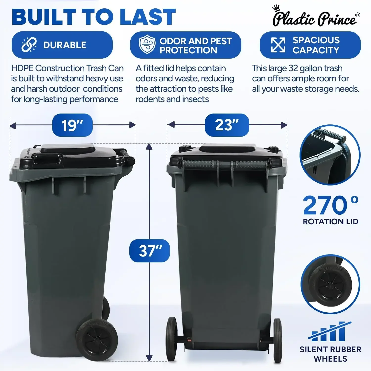 32 Gallon Trash Can with Wheels Outdoor Trash Can with Lid Heavy-Duty Rolling Trash Bin Plastic Outside Garbage Can Wheeled Gray