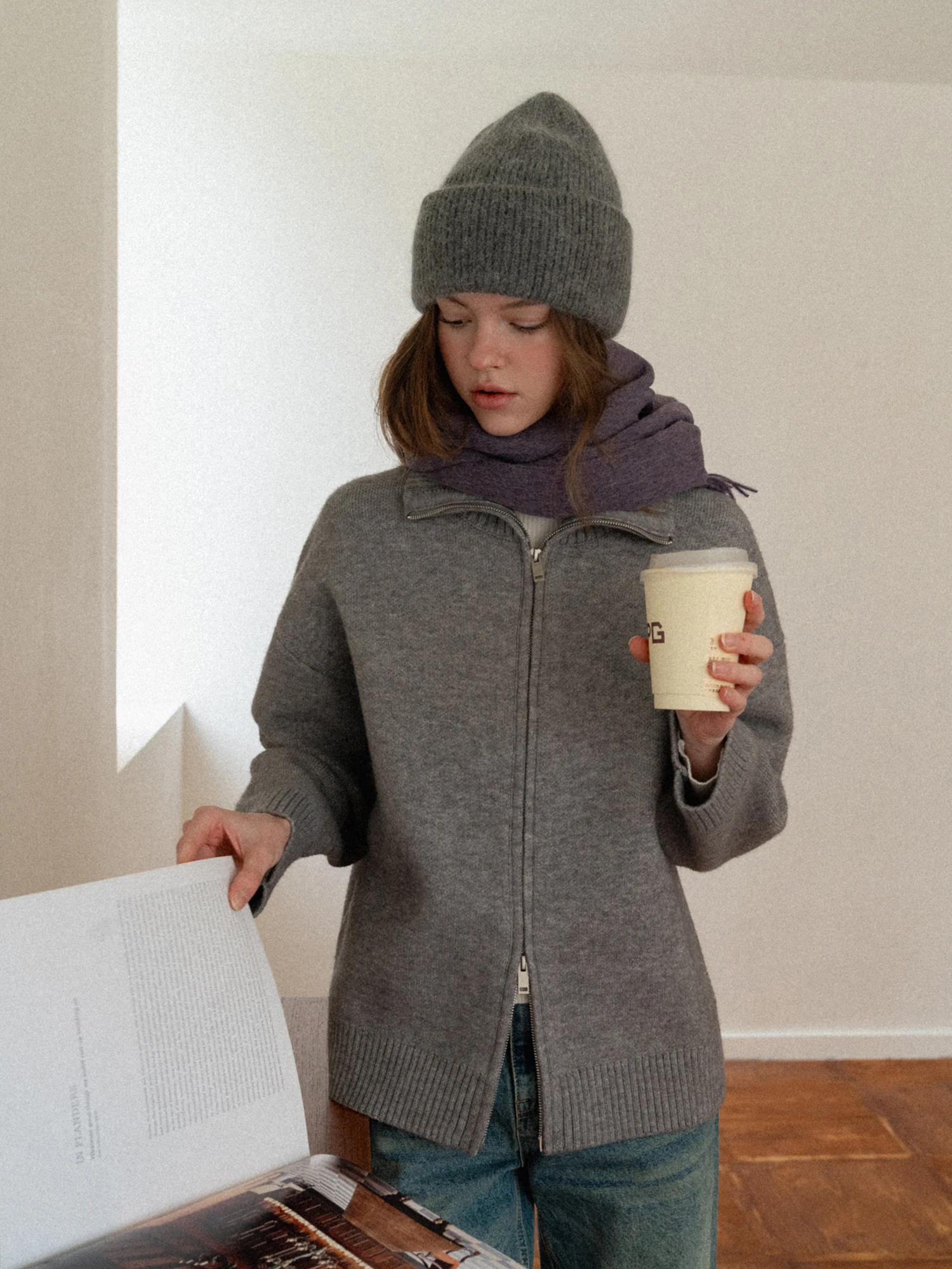 

ay Casual Lazy Sle Double Zipper Knitted Sweater Coat Women's Autumn Winter Loose Top Stand Collar Long Sve Warmth