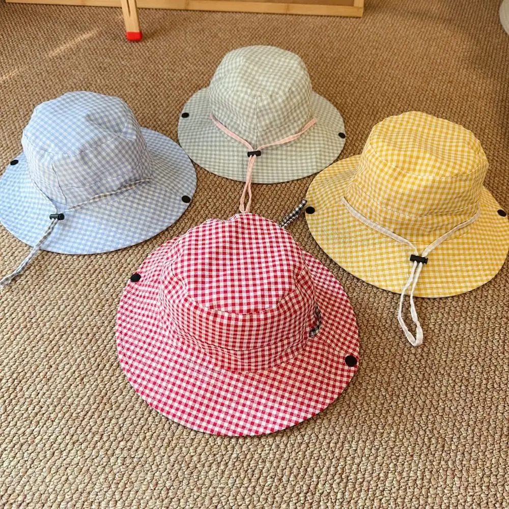 

Comfortable Drawstring Boys Girls Bucket Cap Double Sided Lattice Children Fisherman Hat Anti-UV Casual Baby Sun Hat Outdoor