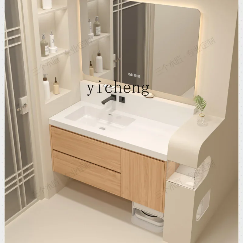 Wood Color Bathroom Cabinet Washstand Stone Plate Ceramic Integrated High Back Wash Basin Cabinet Combination