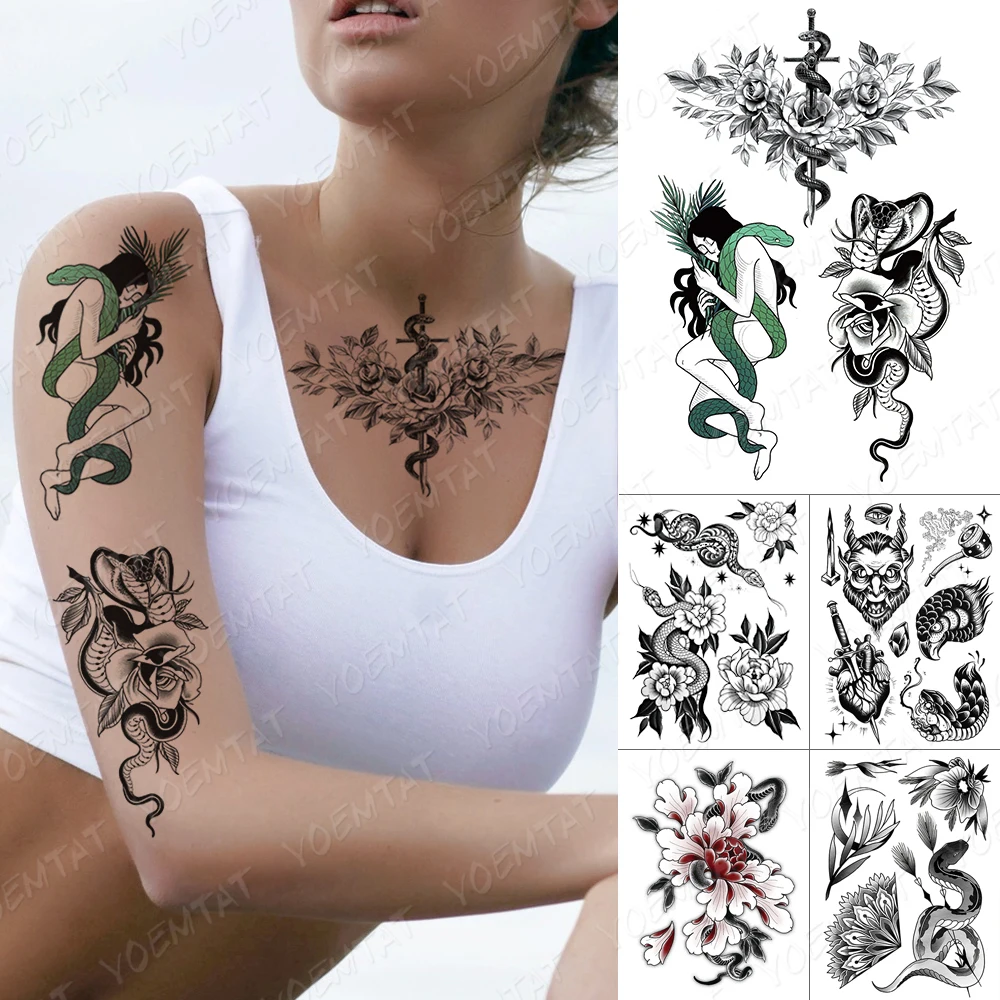 

Waterproof Temporary Tatto Sticker Rose Peony Beauty Cobra Prajna Body Art Transfer Fake Tattoo Men Women Sexy Nightclub Tattoos