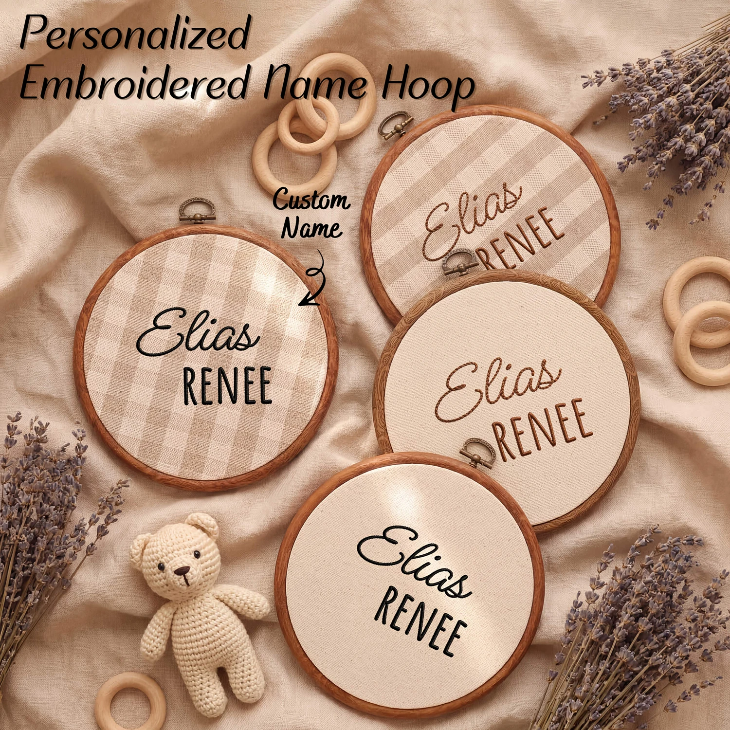 1pc Personalized Custom Name Embroidered Hoop Sign Linen Wooden Embroidery Hoop Wall Decor Newborn Baby Nursery Name Sign