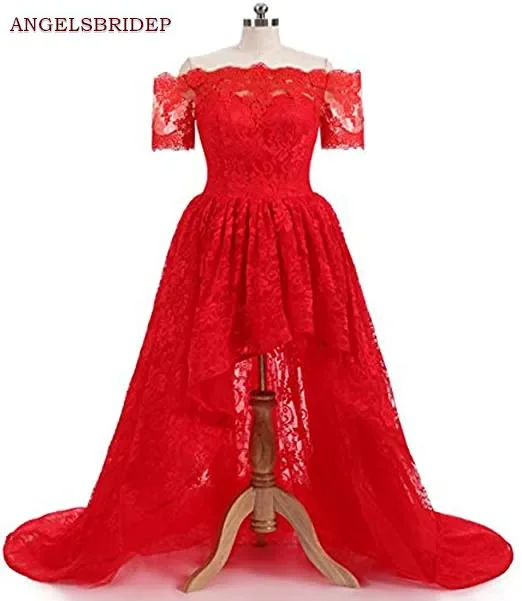 

Fashion Boat-Neck High-Low Prom Dresses Vestidos de festa Fashion Half Sleeves Lace Design Special Occasion Celebrity Party Gown