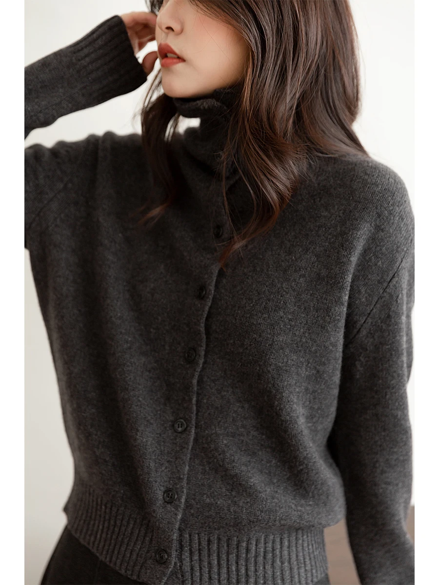 

00% Wool Stand Collar Open Cardigan Women's Autumn Winter Knitted Sweater ay Buttoned Inner Wear Soft Medium Gauge Long Sl...