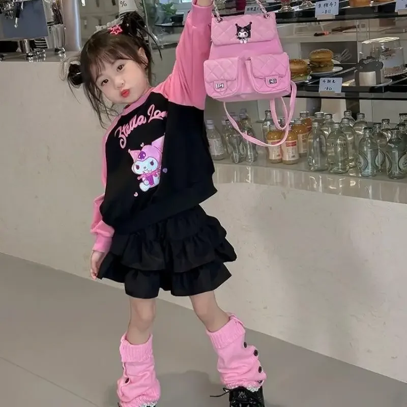 Kawaii Anime Sanrioed Kuromi Kinderkleding Meisjes Casual Sweatshirt Pak Mode Tops Geplooide Rok Tweedelige Hoge Kwaliteit