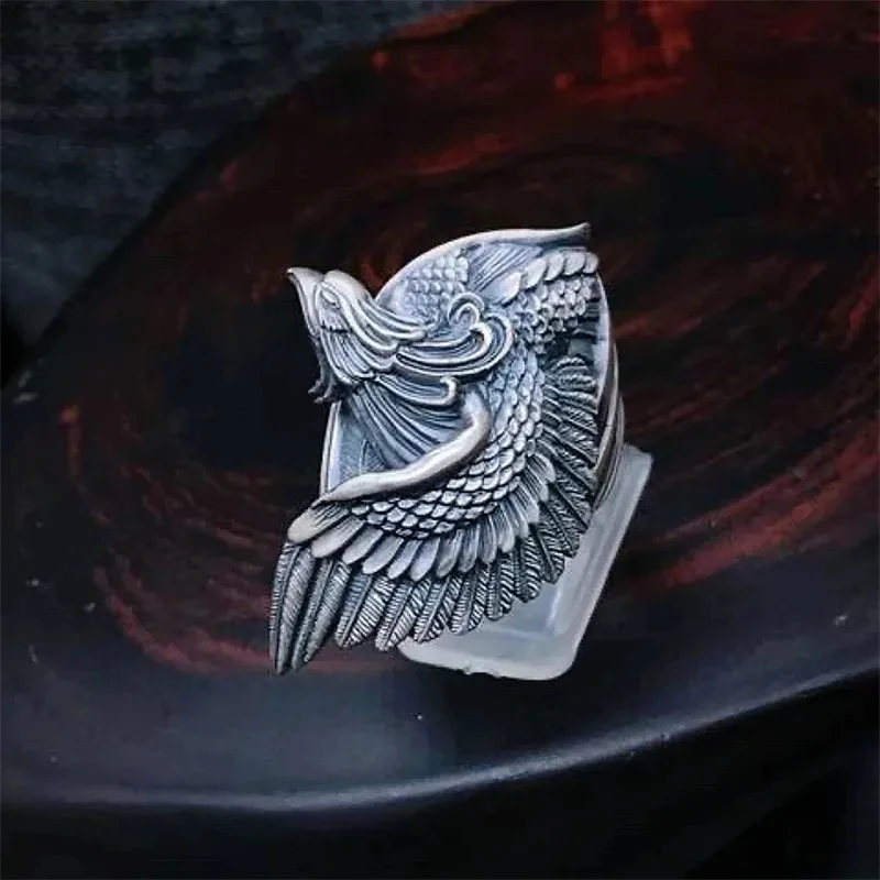 

Do Old Style Retro Silver Color Fine Carved Phoenix Feather Ring Ethnic Style Women's High-end Banquet Ring Fashion Accessories