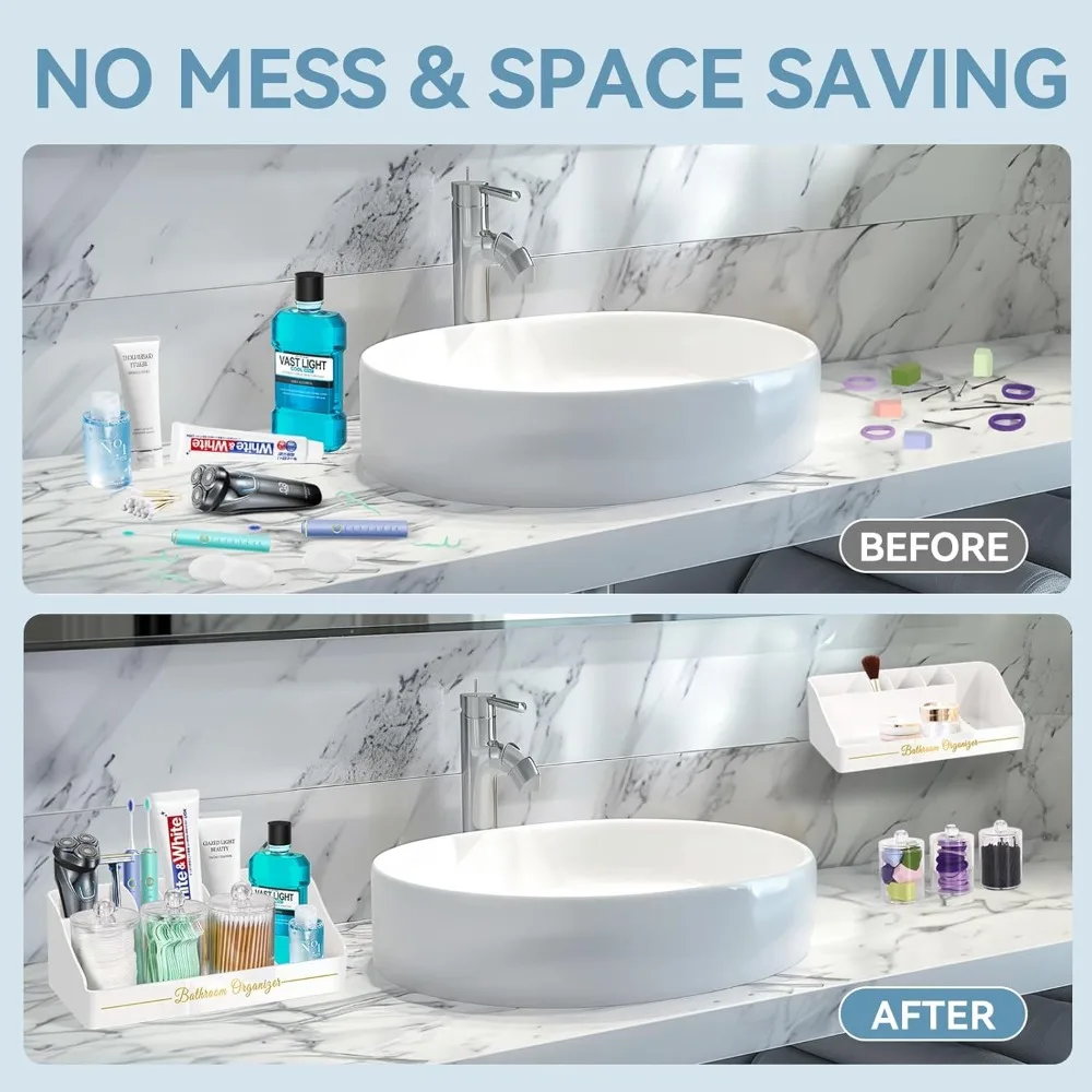 منظم كونترتوب الحمام، حامل فرشاة الأسنان للحمام مع 3 قطع من موزع حامل Qtip وصرف حامل معجون الأسنان