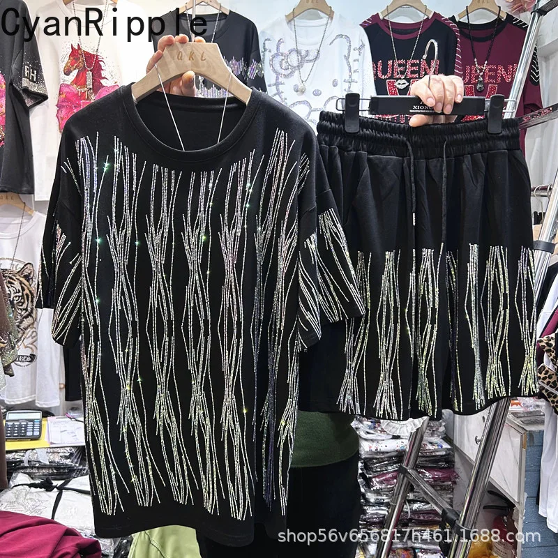 

Trendy Hot Diamonds Spring Summer Women Sets Round Neck Loose Black Short Sleeve T-shirt Top + Elastic Waist Wide Leg Shorts