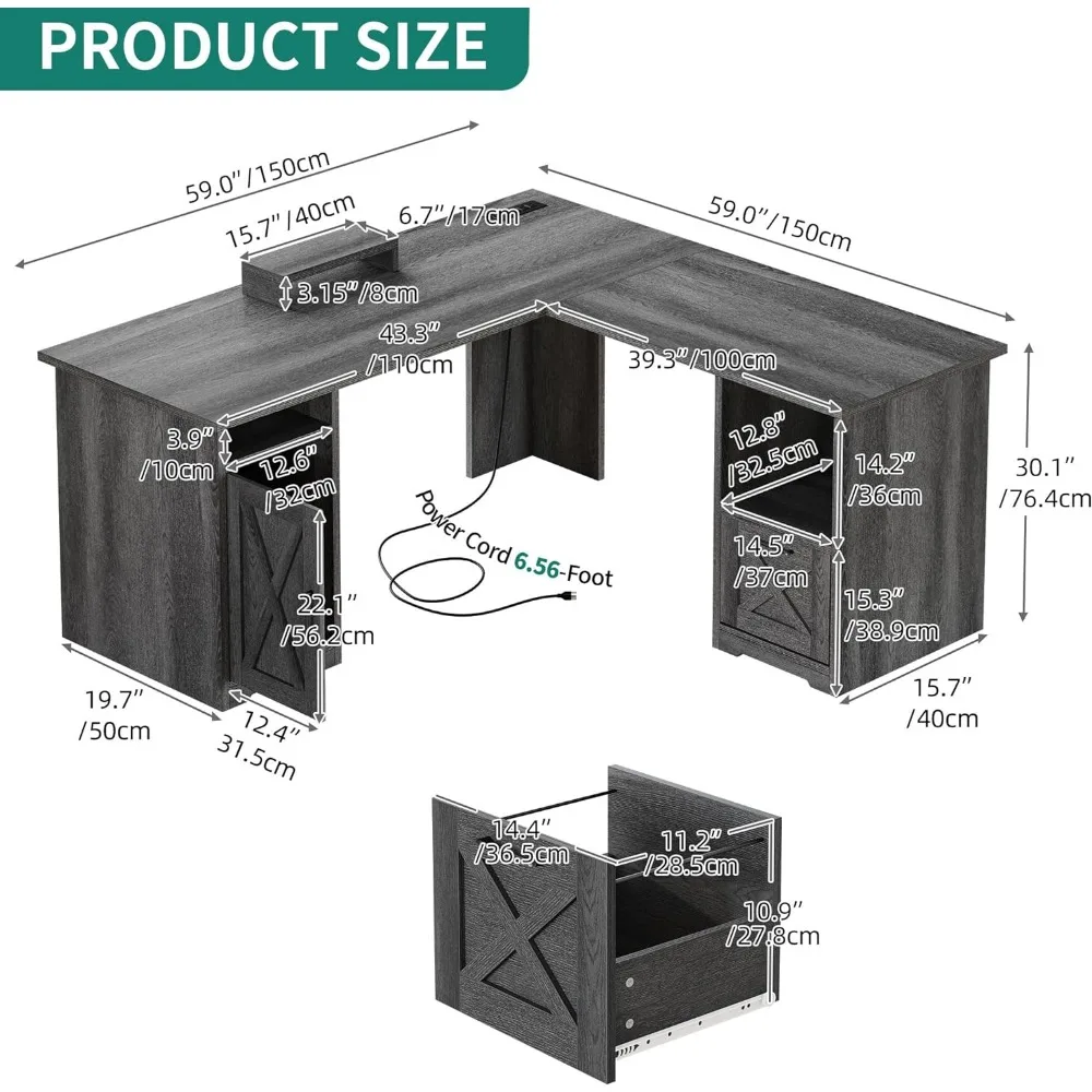 L Shaped Desk with Power Outlets, 60 Inch Computer Desk Corner Desk with File Drawer