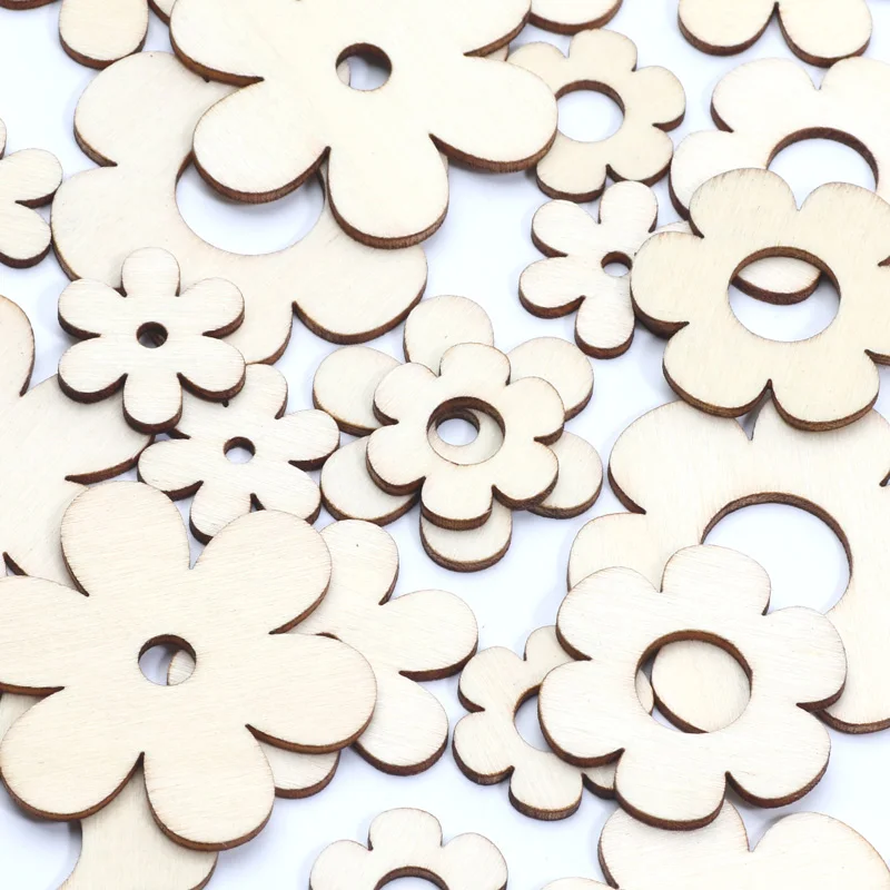 20pcs Wooden Flowers Ornaments Wooden Flowers Shape Blank Wood Slice Embellishments DIY Craft Wedding Christmas Decoration