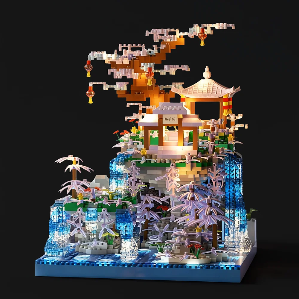 Chinese Garden 3D Puzzle DIY Miniature Model Kit w/ LED Light  Adult Decompression Toy Vintage Asian Architecture Building Set
