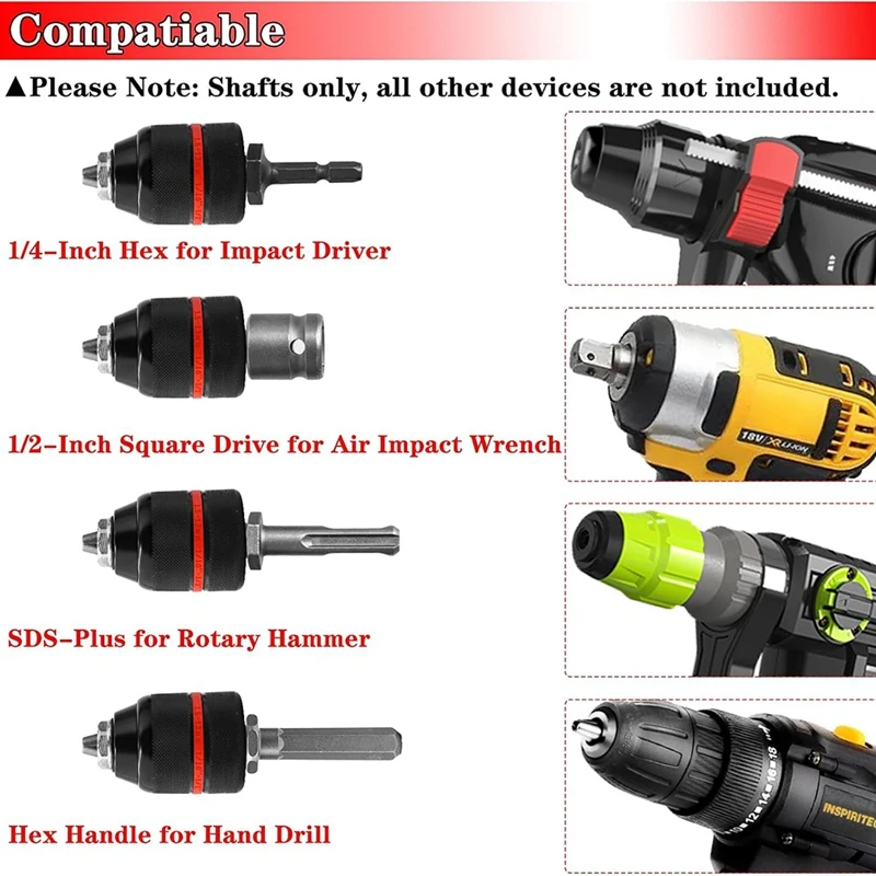 1,5-13 mm schlüsselloses Handbohrfutter 1/2-20UNF mit SDS Plus-Adapter, 1/4 Zoll Hexshank-Konverter, Sechskantgriff, 1/2 Zoll Steckschlüssel