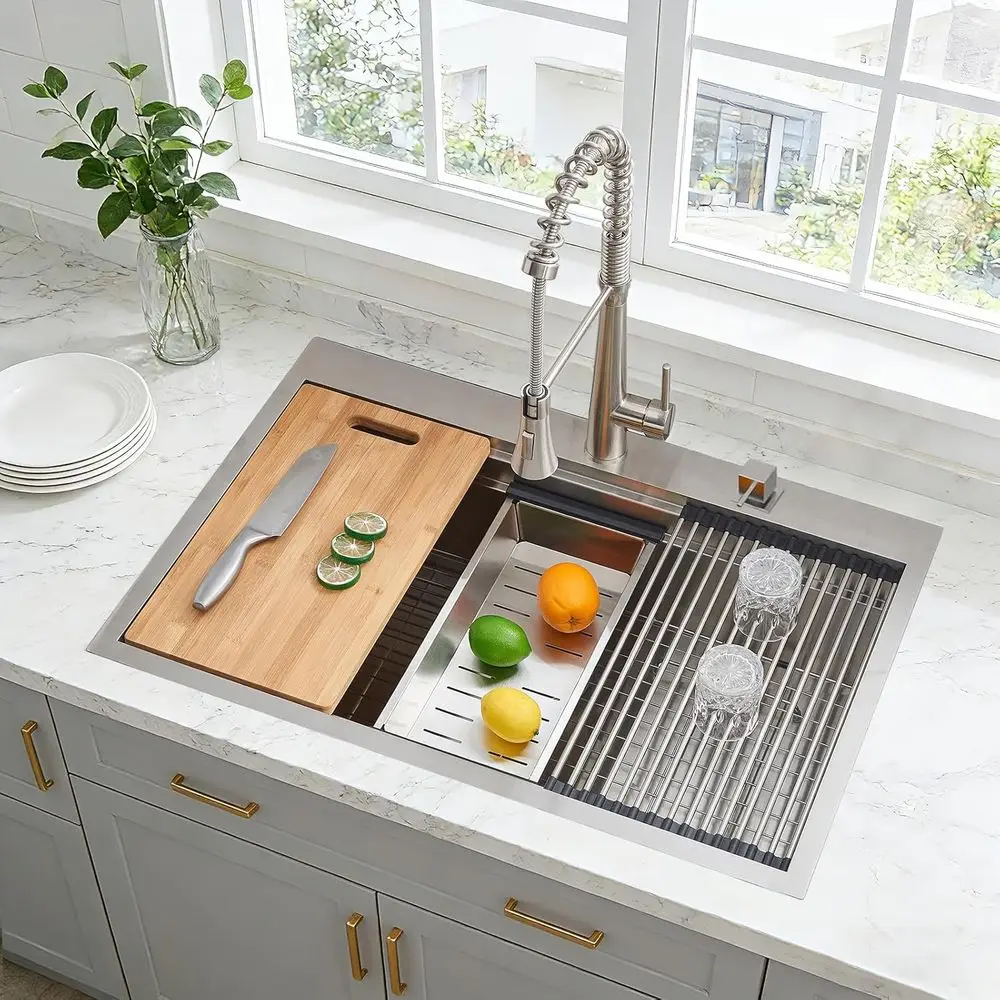 

33x22 Inch Drop In Kitchen Sink, 33 Inch All In One SUS304 StainlSteel Top Mount Single Bowl Overmount Double Ledges Workstation