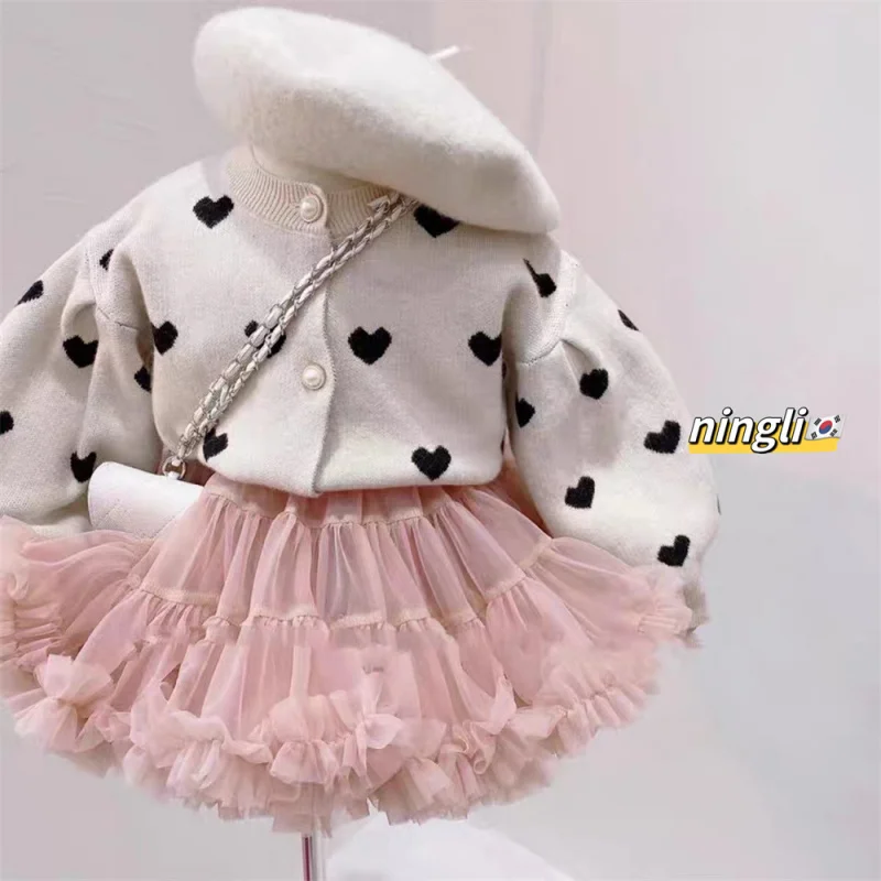 

South Korea Children's Clothing Autumn and Winter New Girls Sweet Princess Milk Tea ColortutuSkirt Knitted Sweater Heart Cardiga