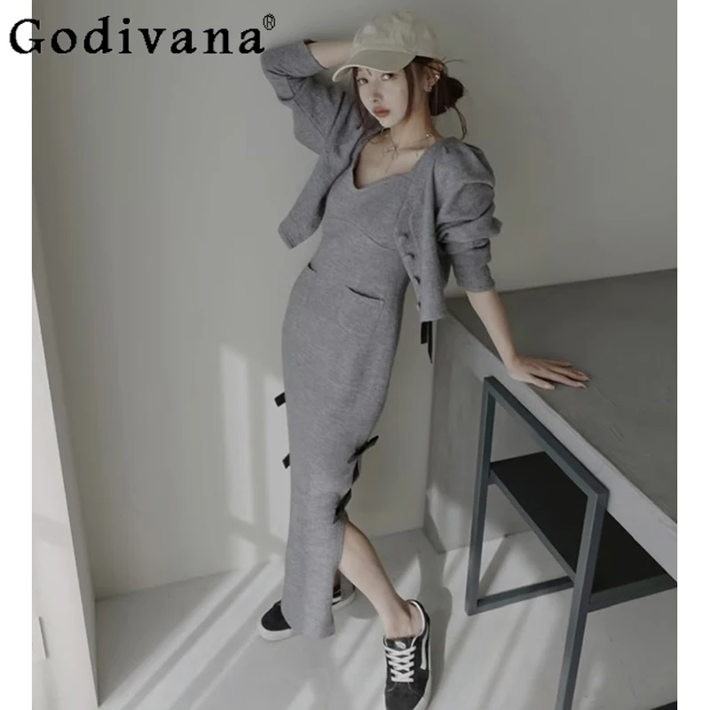 

Japanese Style Lady Casual Dress Two-piece Set Autumn Slim-Fit Knitted Straps Long Dress + Long-sleeved Short Cardigan Set