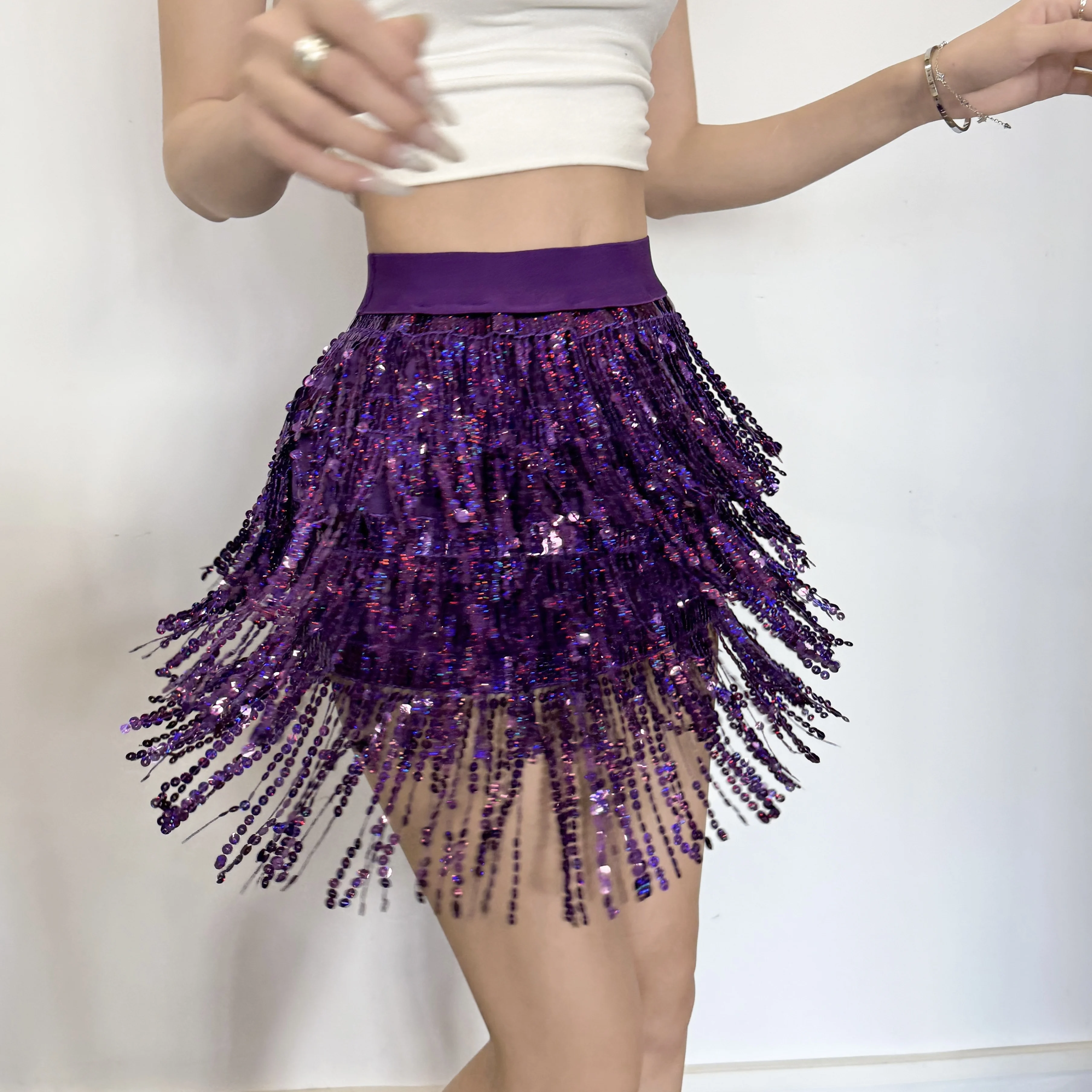 Feminino camada de dança do ventre lantejoulas saia borla festa clube indiano latino hula dançarino vestido desempenho sexy saias finas