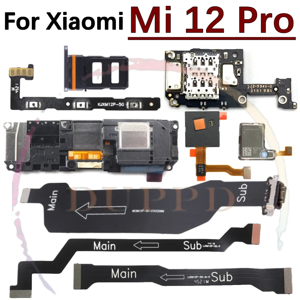 لوحة منفذ شحن لـ Xiaomi Mi 12S و 12 Pro ، سماعة أذن ، مكبر صوت ، مستشعر بصمة الإصبع ، لوحة أم LCD ، كابل مرن