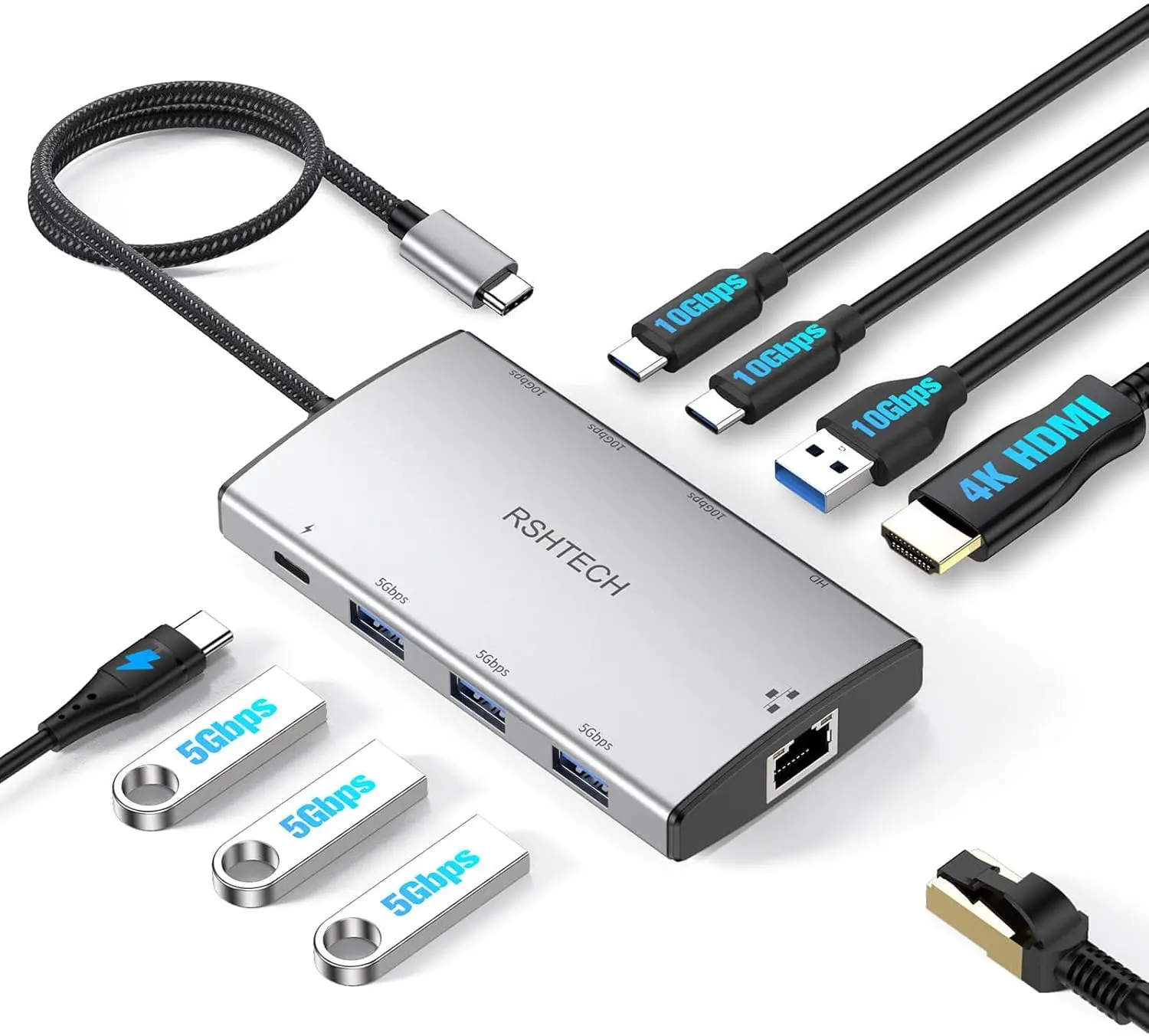 

RSHTECH 9-in-1 USB C Hub Multiport Adapter with 4K HDMI 10Gbps USB-A & 2 USB-C Ports 100W PD Gigabit Ethernet Aluminum Dongle