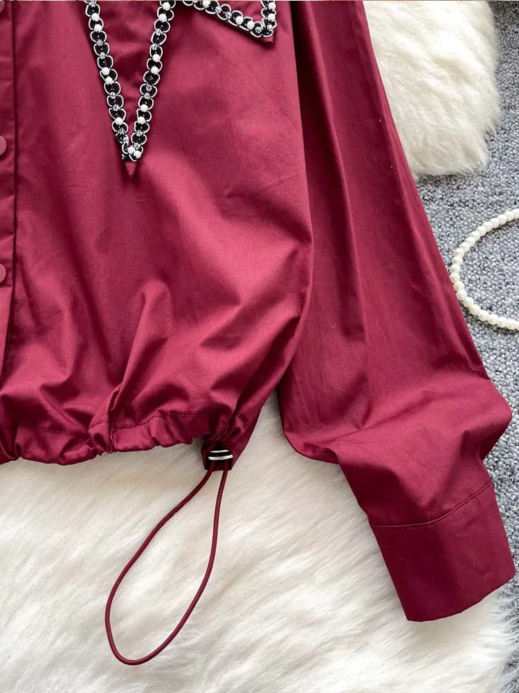 Crop-Shirt mit unregelmäßigem Kragen für Damen, 2025, Frühling, Sommer, langärmelig, verstellbare Taille, Bluse, Übergröße, Perlen-Tops INKEO 5T055