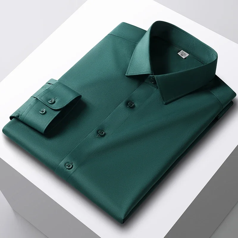 

Korean Men's Shirt Spring/summer Long Sleeved Smooth Comfortable Elastic Wrinkle Resistant Little Green Luxury Business Formal