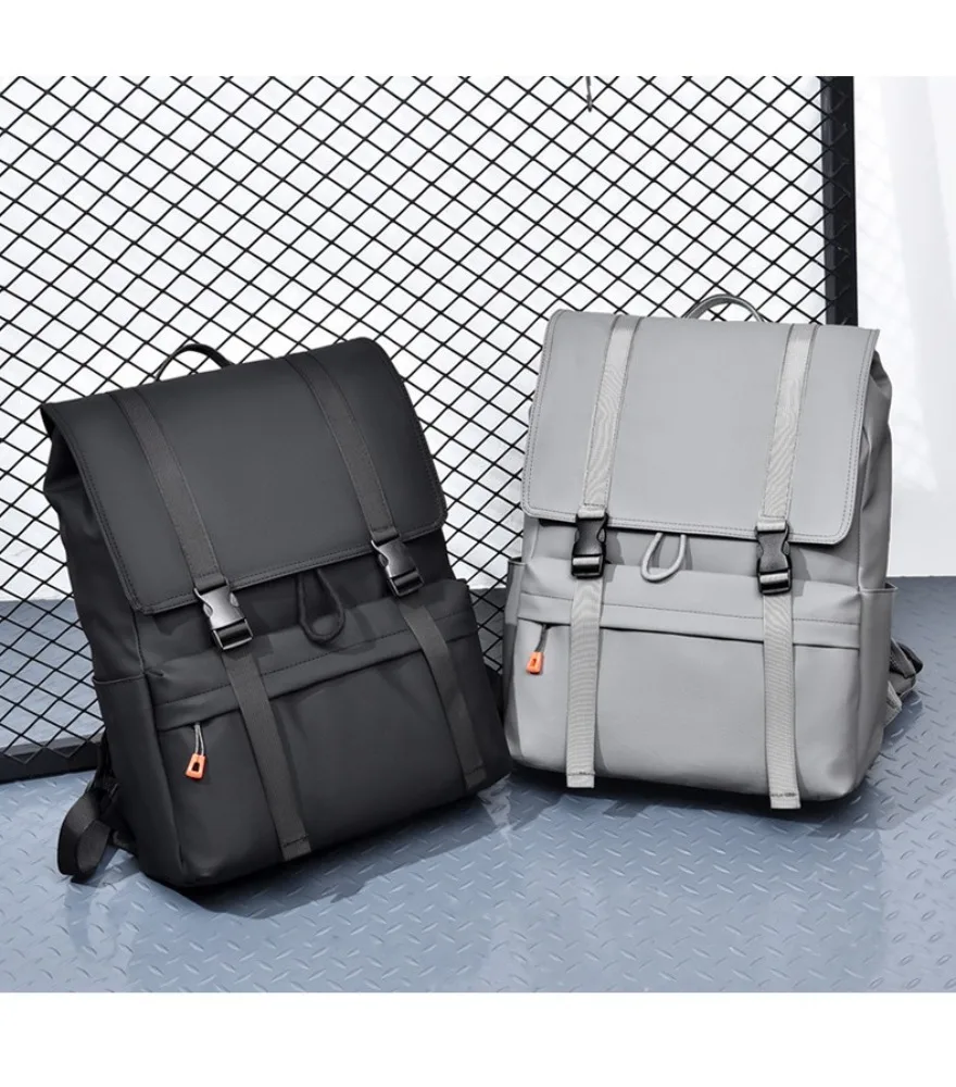 Black buckle flap casual backpack anti splash small orange zipper pull for office student daily commute casual use