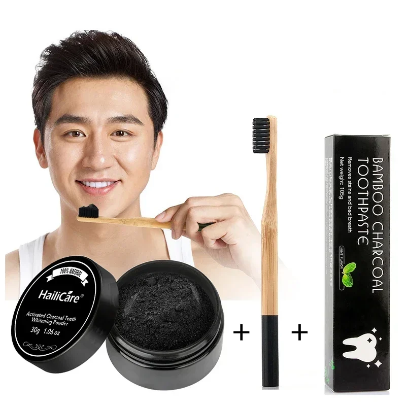 Teeth Whitening Set Bamboo Charcoal Toothpaste Strong Formula Whitening Tooth Powder Toothbrush Oral Cleaning DentalCare