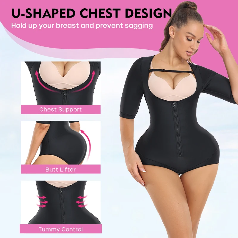 Post-operative body-shaping one-piece garment for liposuction, circumferential suction, buttock lifting, abdominal tightening, w