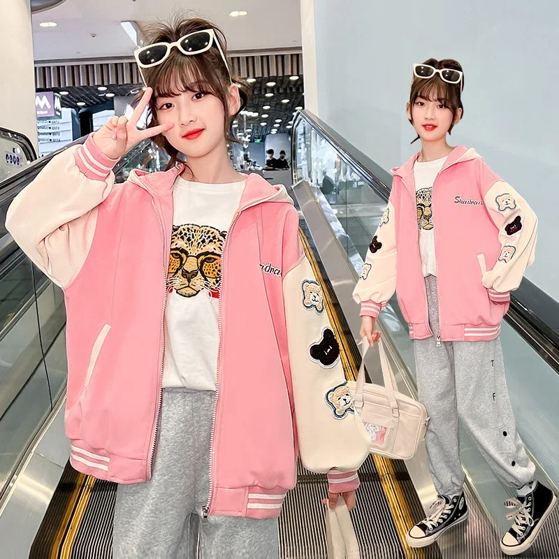 Spring Autumn Girls Bomber Jackets Kid Hooded Outerwear Pink Baseball Uniform Children Loose Varsity Jacket Coat 4 6 8 10 11 12Y