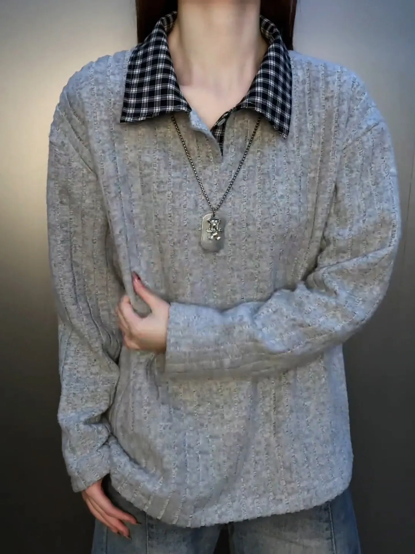 Cleanfit Plaid Patchwork Collar Flocking Striped  Shirt Hoodie Casual Loose Long Sleeve Men's T-shirt Commuting