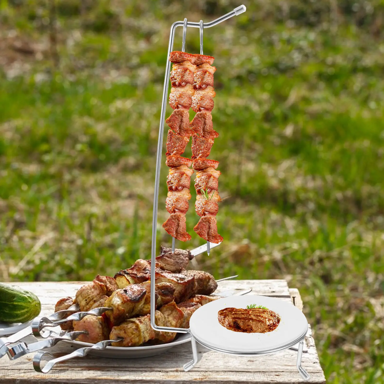1Set Stainless Steel Skewer Grill Rack Easy Clean Bbq Skewer Holder Versatile Metal Kebob Rack for Grilling Kabobs Lamb Skewers
