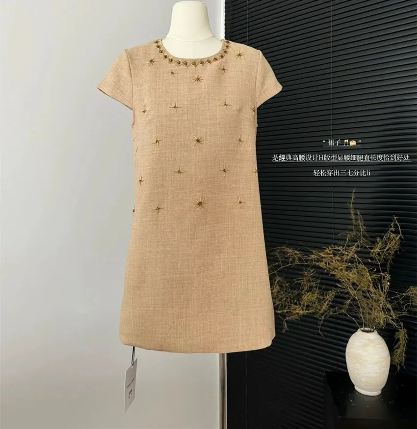 High Quality Summer Cute Manual Beading A Line Dress New Sweet Women Round Collar Short Sleeve Ramie Solid Loose Mini Vestidos