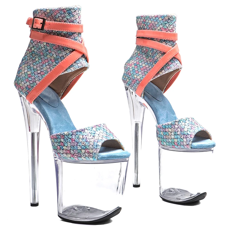 Leecabe  20CM/8inches Glitter Upper  Fashion trend sexy  Open toe  High Heel Transparent   platform Pole Dance Sandals