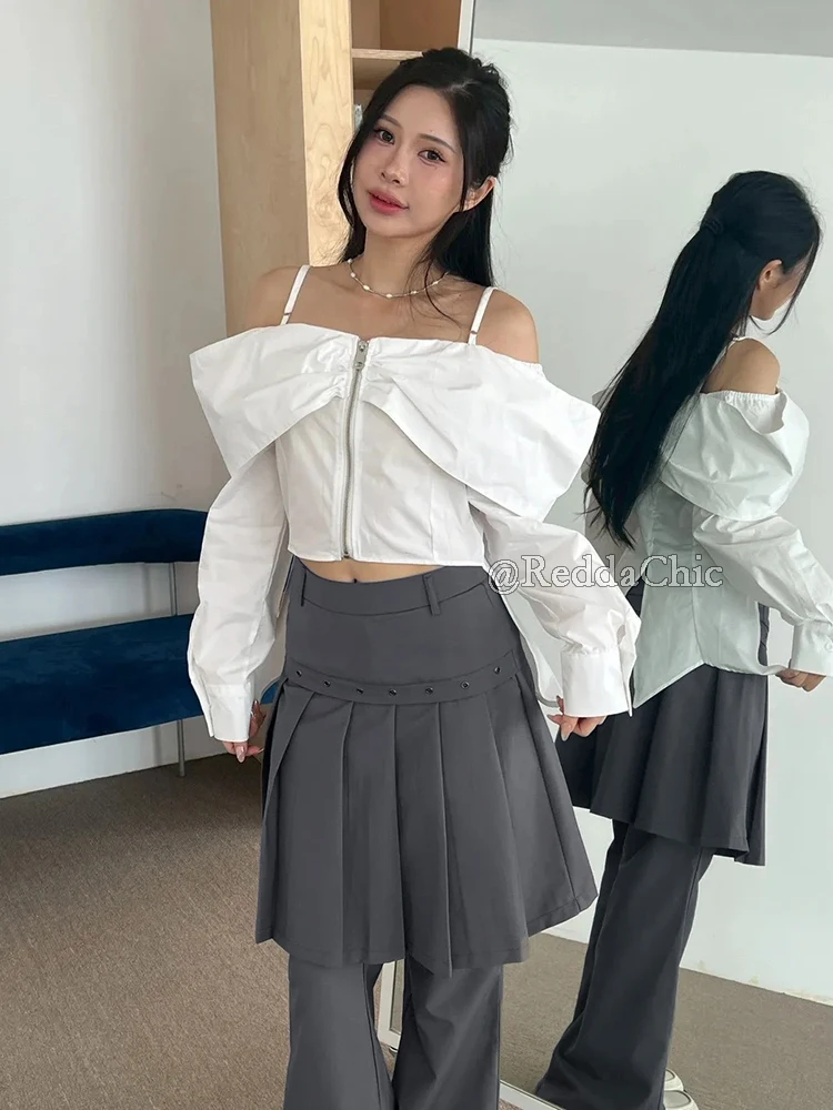 ReddaChic Eyelet Skirt Wrap Pants Trendy Korean Pleated Wide Leg Bootcut Plain Casual Suit Trousers Grunge Women Acubi Fashion
