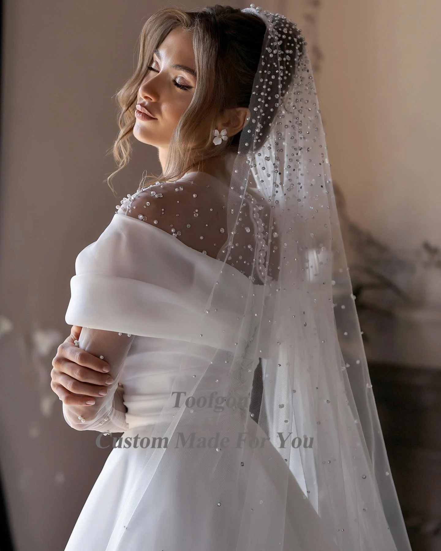 Toofgon Beaded Organza Wedding Dresses Boho O-Neck Cap Long Sleeves A Line Bride Wedding Gowns 2023 Women Formal Bridal Gown