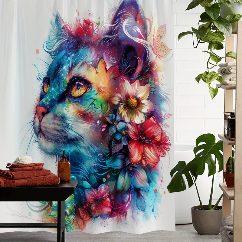 Vintage floral cat print waterproof shower curtain with 12 hooks-artistic, machine washable, and durable