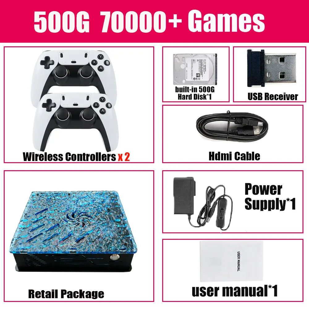 X10 ترقيات صندوق الألعاب المنزلي 500G 70000+ ألعاب يدعم 60 محاكيات 4K HD عرض وحدة التحكم الرجعية لـ N64 PSP GAMECUBE Windows11