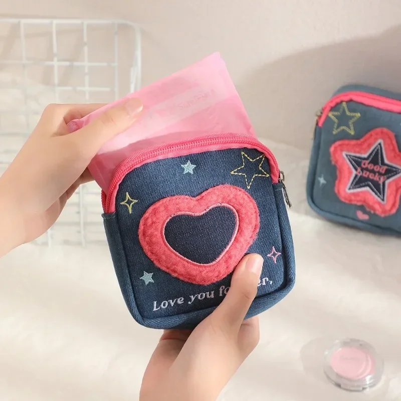 Ins Korean Style Denim Mini Square Pouch Embroidered Heart Menstrual Cup Bag Sanitary Napkin Case Earphone Coin Purse Clutch