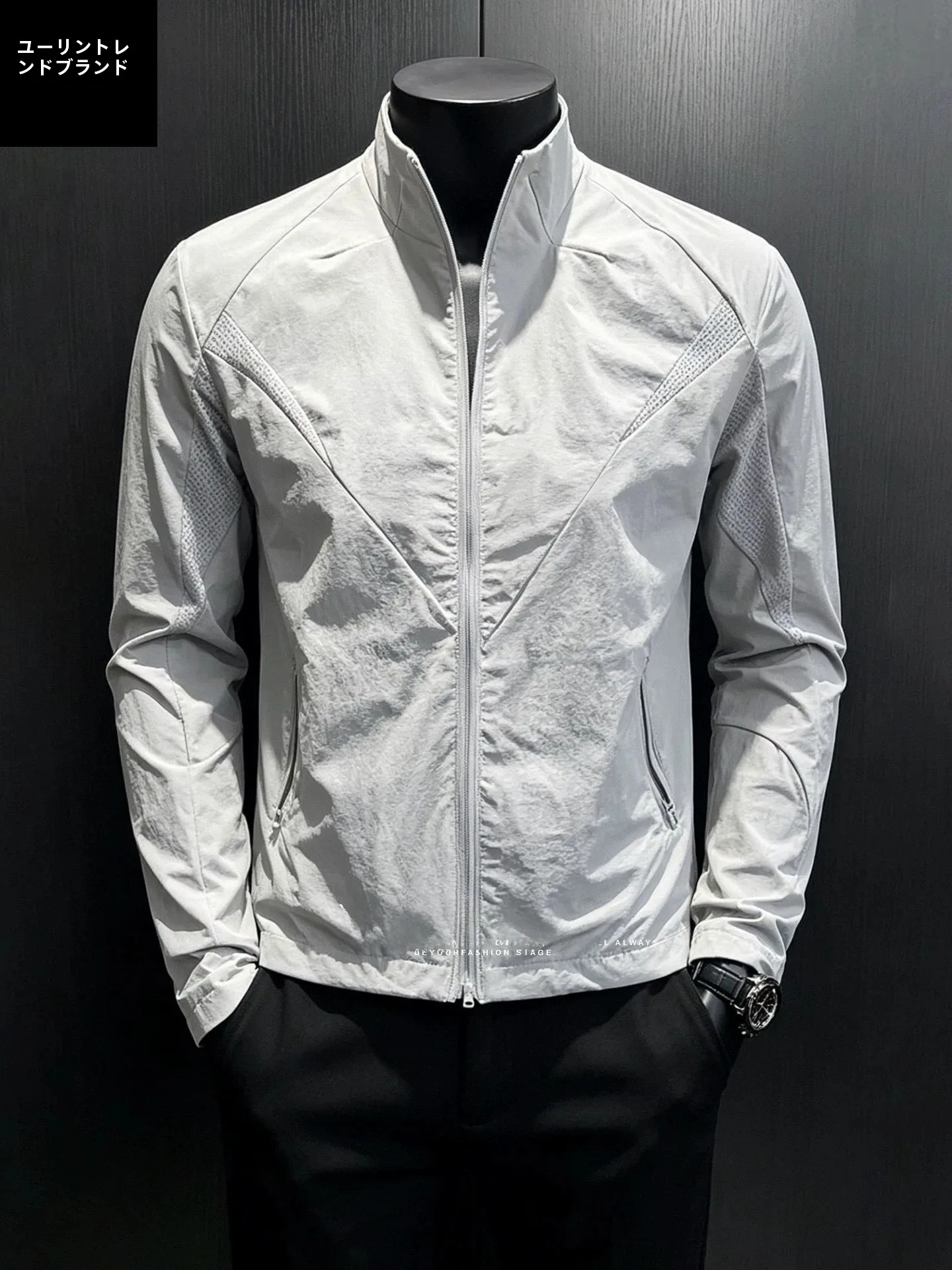 ライトグレーアイスシルクオリジナル糸メンズ夏軽量スタンドカラー釣り日焼け止め服アウトドアジャケット