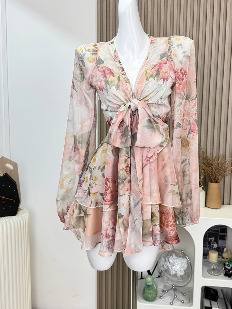 Autumn French Vintage Midi Long Sleeve Floral V-Neck Dress Women Boho Frocks Aesthetic One-Piece Evening Old Money Coquette Hot