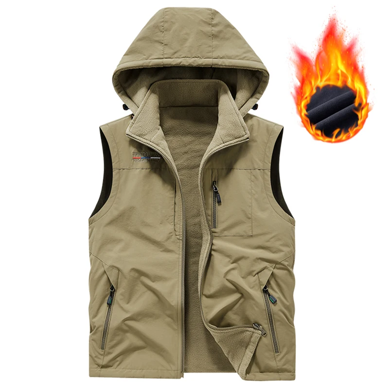 

Men Winter New Hooded Fleece Warm Vest Men Fashion Windproof Multi-pocket Photographer Waistcoat Detachable Hat Thick Vest Male