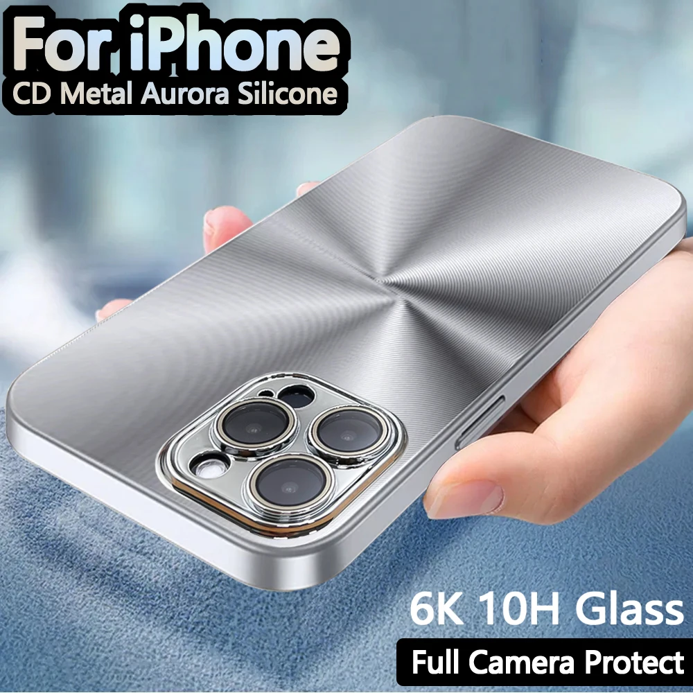 Original Metal Aurora Hard Cover For Apple Silicone Case Iphone 15 14 Plus 11 12 13 Pro Max 9H 4K Glass Camera Protector CD Text