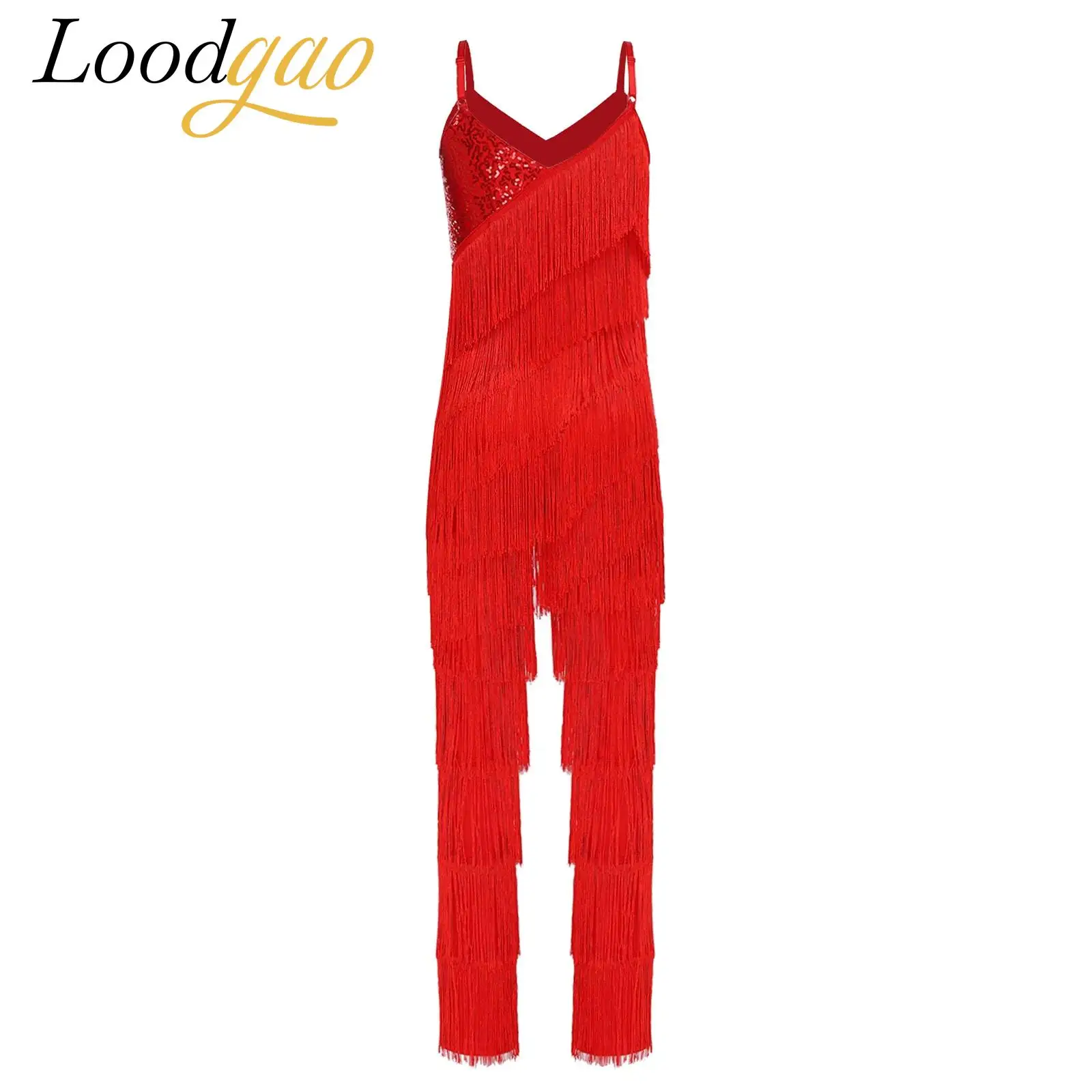 

Женская танцевальная одежда для ча-ча, костюм для латинских танцев, комбинезон для сальсы, бальных танцев, комбинезон с бахромой, блестящие длинные брюки с блестками и кисточками для танго