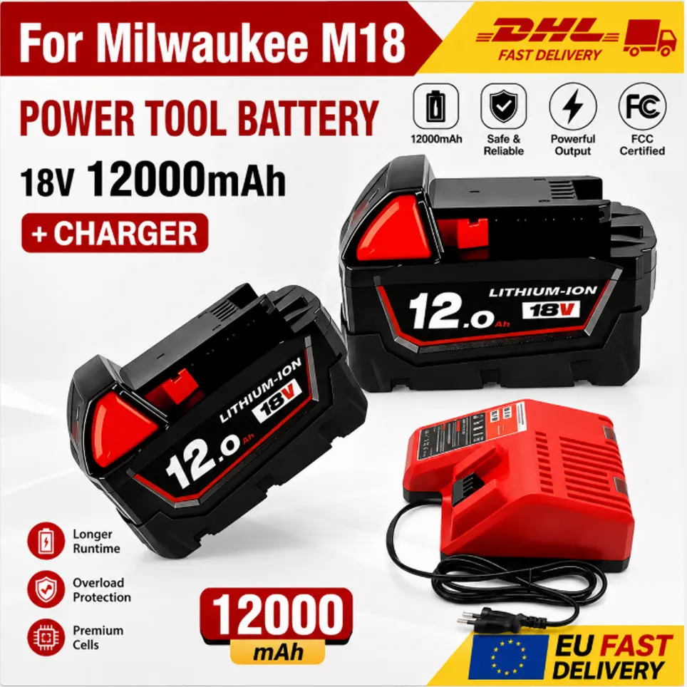 Lokalny magazyn UE, bateria litowa 18V 12000mAh pasująca do Milwaukee M18 M18B5 XC 48-11-2402, akcesoria zamienne do elektronarzędzi akumulatorowych.
